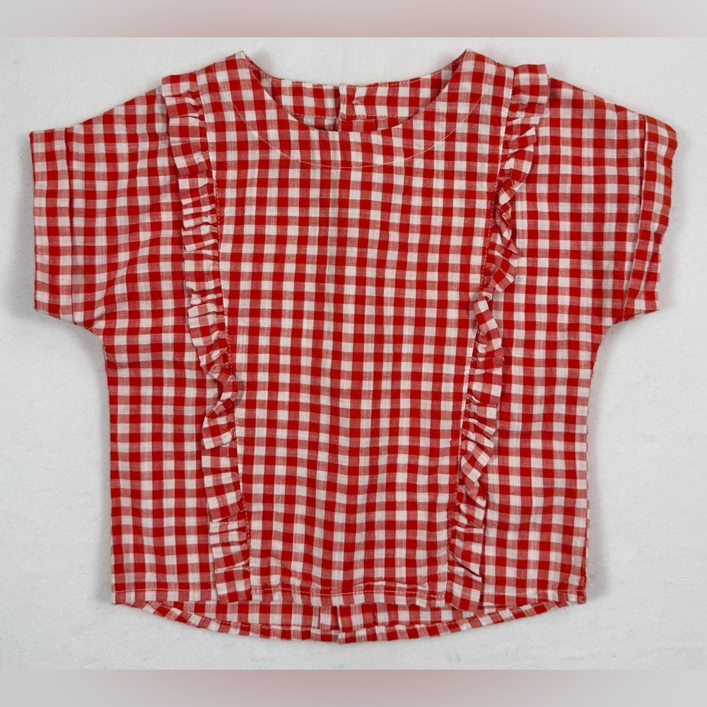 KIABI Baby Girls' Red Gingham Plaid‎ Ruffle Farmhouse Western Blouse Size 12M